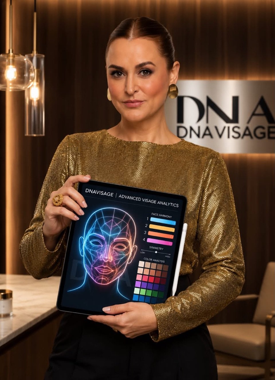 Simone Holanda mostrando a análise visagista no tablet
